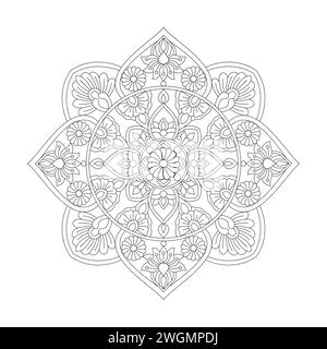 Complexe Zen Blossoms Mandala page de livre de coloriage pour KDP Book Interior. Pétales paisibles, capacité à se détendre, expériences cérébrales, Haven harmonieux, paix Illustration de Vecteur