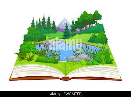 Cartoon livre ouvert avec étang ou lac, montagnes et paysage forestier. Vecteur livre d'histoires ouvert sur la nature, capturant la beauté des rochers et des bois luxuriants, transportant les lecteurs à un voyage naturel tranquille Illustration de Vecteur