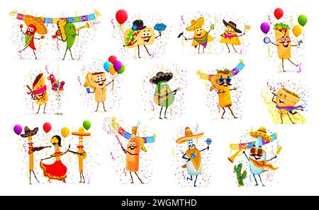 Personnages mexicains tex mex sur la fête des fêtes. Vecteur isolé ensemble jalapeno, taco, nachos et burrito. Enchiladas, tamales, avocat et quesadilla ou churros. Tequila, mezcal et pulque personnages Illustration de Vecteur