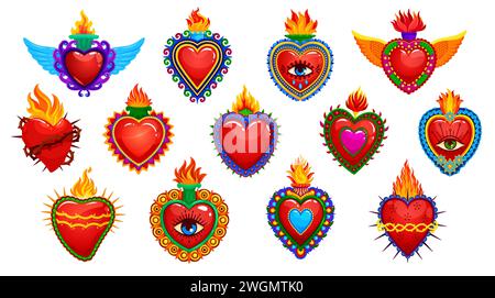 Tatouages de coeurs sacrés mexicains et symboles avec le feu et les yeux. Vecteurs catholiques Jésus coeurs ou corazons mexicains avec couronnes flamboyantes, ailes, fleurs et ornements ethniques. Ensemble de tatouages religieux mexicains Illustration de Vecteur