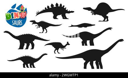 Dinosaure, silhouettes de reptiles préhistoriques. Animal éteint, lézard de paléontologie. Amurosaurus, Metriorhynchus, Oxalaia et Lexovisaurus, Aegyptosaurus, silhouette vectorielle de dinosaure Jurassique néovenateur Illustration de Vecteur