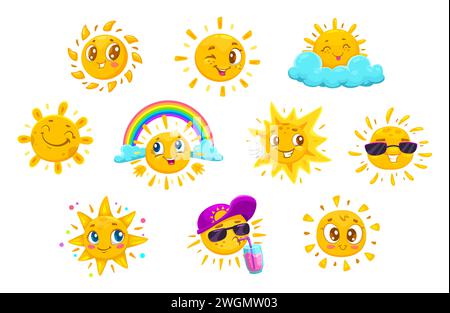 Dessins animés d'été et de la météo personnages de soleil, visages kawaii. Ensemble vectoriel isolé de personnages solaires adorables avec de grands yeux et des sourires, porter des lunettes de soleil, boire un cocktail, dormir sur un nuage avec un arc-en-ciel Illustration de Vecteur
