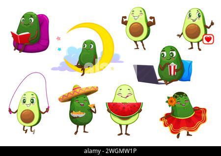 Jeu de personnages de fruits d'avocat mexicain de dessin animé. Vector personnages mignons d'avocat vert dansant, lisant le livre, sautant, mangeant des nachos et de la pastèque, surfant sur Internet avec un ordinateur portable, montrant comme symbole Illustration de Vecteur