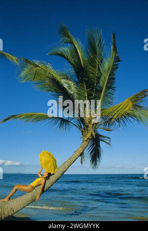 PORTO RICO PORTO RICO cheveux noirs femme attravtive marchant sur le palmier à la plage avant, ciel bleu vacances d'été corps sain avec parapluie Banque D'Images