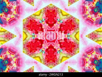 Dessin créé en combinant plusieurs dessins dans un éditeur de photos. Collage de photographies de dessins avec de la peinture acrylique dissoute dans un liquide sur un BA rose Banque D'Images