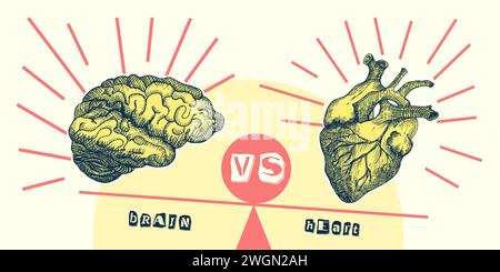 Concept coeur VS cerveau. Affiche de collage design vintage. Symboles de santé mentale et de bien-être émotionnel. Graphique d'équilibre esprit-coeur dessiné à la main Moitié Illustration de Vecteur