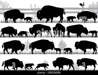 Silhouettes de bison américain, ou buffle, à l'extérieur Illustration de Vecteur