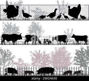 Collection de silhouettes d'animaux de ferme - dindes, vaches et porcs Illustration de Vecteur