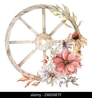 Vieille roue en bois avec des fleurs dired avec dahlia. Asters peints à la main. Illustration aquarelle. Feuilles d'automne, et plantes pour les cartes de voeux, rustique Banque D'Images