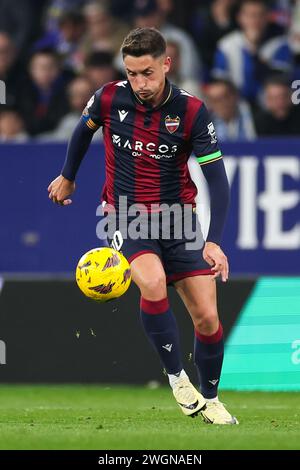 Barcelone, Espagne. 04th Feb, 2024. Pablo Martinez de l'UD Levante en action lors du match de football espagnol la liga Hipermotion entre le RCD Espanyol et l'UD Levante au Stage Front Stadium de Barcelone le 4 février 2024. Crédit : DAX images/Alamy Live News Banque D'Images