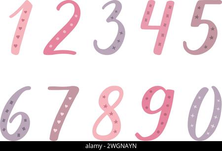 Numéros 1, 2, 3, 4, 5, 6, 7, 8, 9, 0 lettrage manuscrit avec des lignes épaisses et fines. Figures roses et violettes décorées de motifs sur backgr blanc Illustration de Vecteur