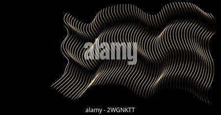 Les lignes d'ondes vectorielles 3D forment une courbe lisse fluide dynamique de gradient d'or isolé sur fond noir Illustration de Vecteur