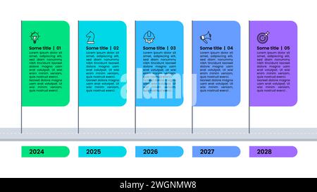 Modèle d'infographie avec drapeaux et 5 options ou étapes. Route. Peut être utilisé pour la mise en page de flux de travail, diagramme, bannière, webdesign. Illustration vectorielle Illustration de Vecteur