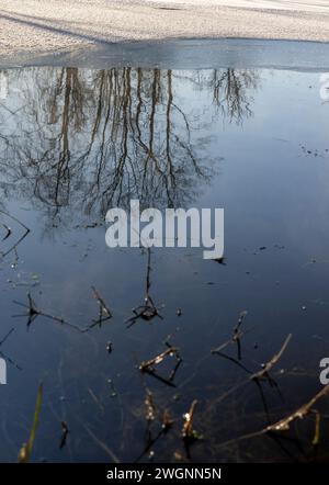 le lac gèle le long des rives en hiver, une partie du lac non gelé en hiver Banque D'Images