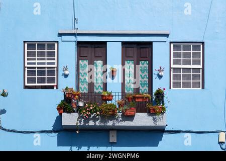 Un balcon orné de plantes en pot. La Palma, Espagne Banque D'Images