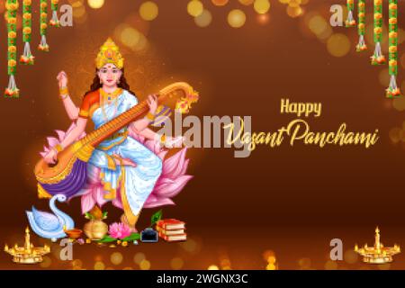 Illustration de la déesse de la sagesse Saraswati pour Vasant Pancami Inde fond du festival Illustration de Vecteur