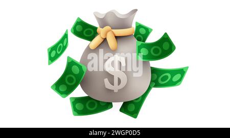 Sac d'argent ou sac d'argent avec papier-monnaie. illustration de dessin animé 3d isolé sur fond blanc. Concept de profit, d'épargne, de gains. Illustration vectorielle Illustration de Vecteur