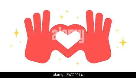 Main signe coeur amour. Geste coloré de symbole de mains d'amour de coeur. Mains faisant signe forme de coeur par les doigts. Carte postale de voeux, affiche, bannière. Love emoji concept Saint-Valentin. Illustration vectorielle Illustration de Vecteur