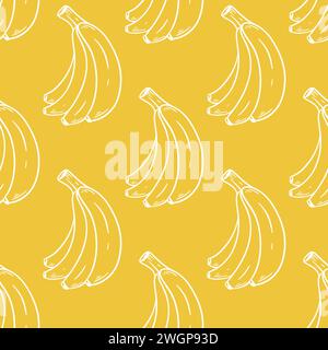 Bananes de contour blanc sur fond jaune. Modèle sans couture avec des bananes mûres. Imprimé d'été tropical de fruits pour le textile, l'emballage, le papier et le design, Illustration de Vecteur