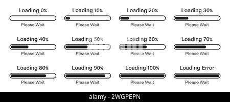 Chargement S'il vous plaît patienter l'icône du curseur de la barre définie 0-100% en couleur noire. Icône infographique de barre de chargement de pourcentage définie de 0 à 100 % en noir. Ensemble de pourcentage. Illustration de Vecteur