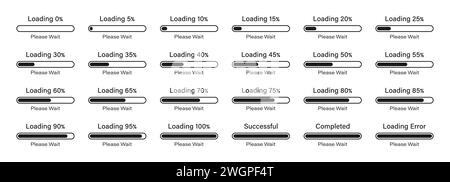 Chargement S'il vous plaît attendre l'icône de curseur de barre définie 0-100% avec une différence de 5% dans la couleur noire. barre de chargement pourcentage icône infographie définie 0%, 5%, 10%, 95%, 100%. Illustration de Vecteur