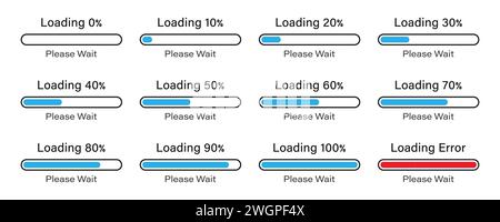 Chargement S'il vous plaît patienter l'icône du curseur de la barre définie 0-100% en couleur bleue. Icône infographique de barre de chargement de pourcentage définie 0-100% en bleu. ensemble de pourcentage de charge Illustration de Vecteur