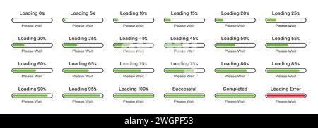 Chargement S'il vous plaît attendre l'icône de curseur de barre définie 0-100% avec une différence de 5% dans la couleur verte. Ensemble d'icônes infographiques de barre de chargement de pourcentage 5%, 10%, 95%, 100%. Illustration de Vecteur
