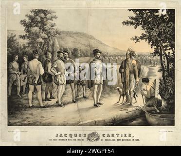 Vintage Print 'Jacques Cartier, sa première entrevue avec les Indiens à Hochelaga aujourd'hui Montréal en 1535' Print vers les années 1850 Banque D'Images