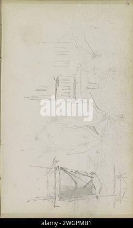 Rangée de logements et un moulin, peut-être à Delft, Adrianus Everssen, c. 1828 - 1897 sur la gauche une rangée de maisons. A droite un mill. Page 68 recto d'un carnet de croquis avec 69 feuilles faites dans les environs de Delft, Rotterdam, Oudewater et Harlingen. Document néerlandais. crayon la maison habituelle ou rangée de maisons. Moulin à vent Delft Banque D'Images
