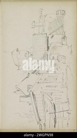 Vue sur une rue avec un moulin, Adrianus Eversen, c. 1828 - 1897 vue sur une rue. Un moulin en arrière-plan. Page 19 recto d'un carnet de croquis avec 69 magazines réalisés dans les environs de Delft, Rotterdam, Oudewater et Harlingen. Document néerlandais. rue crayon. boîtier. moulin a vent Banque D'Images