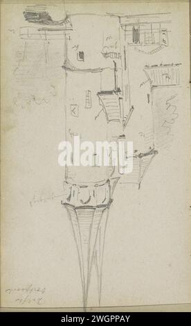 Vue de l'Oostpoort à Delft, Adrianus Everssen, c. 1828 - 1897 vue de l'Oostpoort à Delft. Page 68 verso d'un carnet de croquis avec 69 feuilles réalisées dans les environs de Delft, Rotterdam, Oudewater et Harlingen. Papier de Delft. Crayon City-gate Oostpoort Banque D'Images
