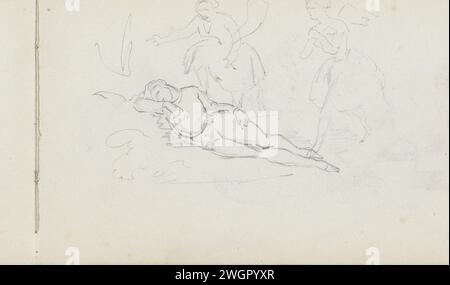 Deux femmes visitent un garçon endormi, c. 1840 - c. 1860 les femmes peuvent être des figures de fantaisie ou de rêve. Page 10 recto d'un carnet de croquis avec 38 feuilles. Papier Low Countries. crayon dormant sur le sol Banque D'Images