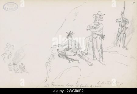 Un américain original pointe un homme blanc à un groupe de figures, 1874 - 1876 dessinant un américain original pointe à un groupe autour d'un feu de camp dans une vallée, derrière lui est un pistolet. L'homme blanc s'appuie sur un fusil. Sur la droite se trouve un américain original avec une lance. Scène tirée d'une histoire de James Fenimore Cooper ou Gustave Aimard. Papier Rotterdam. Crayon peuples autochtones d'Amérique du Nord. homme adulte (+ penché). dale, vallée. armes à feu : fusil Banque D'Images