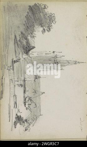 Vue de Delft avec l'Oude Kerk, Adrianus Eversen, c. 1828 - 1897 vue de Delft avec l'ancienne église. J'ai laissé des arbres sur l'eau. Page 66 verso d'un carnet de croquis avec 69 feuilles réalisées dans les environs de Delft, Rotterdam, Oudewater et Harlingen. Papier de Delft. crayon vue sur la ville et paysage avec constructions artificielles. Église (extérieur) vieille église Banque D'Images