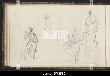 Peintre et femme derrière un âne, 1819 - 1849 L'artiste tient une palette dans sa main gauche. Peut-être un autoportrait de Schmidt. Feuille 15 verso d'un carnet de croquis avec 60 feuilles. papier. chevalet à crayons (+ artiste en situation non professionnelle) Banque D'Images