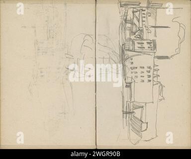 Face à Amsterdam, George Hendrik Breitner, v. 1903 face à Amsterdam. À l'avant d'un bateau dans l'eau. Une cheminée fumante en arrière-plan. Page 69 et page 70 d'un carnet de croquis de 46 feuilles. Papier d'Amsterdam. navires crayons (en général). logement urbain. Vue sur la ville, et paysage avec des constructions artificielles Amsterdam Banque D'Images