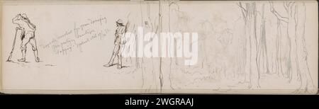 Laan dans la forêt de la Haye, chiens et trois femmes, 1873 feuille 5 verso et 6 recto d'un carnet de croquis avec 46 feuilles. Le journal de la Haye. encre. chemin ou ruelle forestier du stylo-crayon. chien. Femme adulte Haagse Bos Banque D'Images