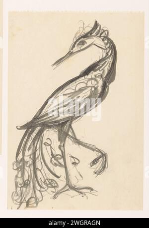 Héron avec la tête tournée en arrière et levé sa jambe, Leo Gestel, 1891 - 1941 papier à dessin. pinceau à crayon oiseaux de rivage et échassiers : heron Banque D'Images