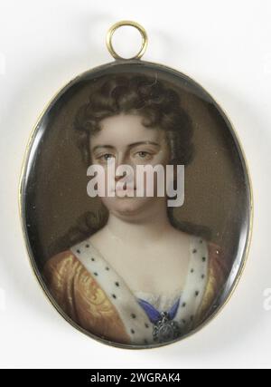 Portrait d'Anne Stuart (1665-1714), reine d'Angleterre. Épouse de George de Danemark, Charles boit, 1703 - 1727 miniature (peinture) Portrait d'Anne Stuart (1665-1714), reine d'Angleterre. Épouse de George van Denmark. Bust, loué. Au portrait de Kneller de 1703. Fait partie de la collection de portraits miniatures. cuivre (métal). Personnes historiques en verre - BB - femme. queen Banque D'Images