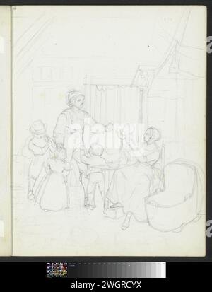 Famille de fermier dans un intérieur, 1820 - 1872 à une table à côté d'une crèche est une mère qui tend un bébé à un homme. Il y a trois enfants autour de l'homme. Page 6 recto d'un carnet de croquis avec 21 feuilles. papier. Chalet à crayons - AA - architecture civique : intérieur. berceau, berceau. parents avec leurs enfants Banque D'Images