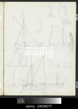Feuille d'étude avec voiliers et navires, 1820 - 1872 page 14 recto d'un carnet de croquis avec 21 feuilles. papier. voilier à crayons, voilier Banque D'Images