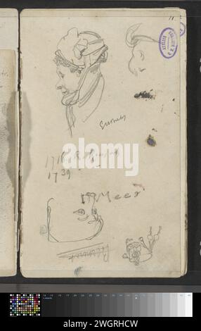 Feuille d'étude avec des têtes et un kepie, George Hendrik Breitner, 1880 - 1882 page 11 recto d'un carnet de croquis avec 16 feuilles. Le journal de la Haye. tête de crayon (humaine). Tête (humain) - AA - figure humaine féminine. coiffure : chapeau. capuchon uniforme Banque D'Images