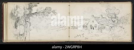 Pont sur l'eau et un paysage vallonné avec ferme, 1891 au pont est un bateau à rames sur un front de mer. Feuille 9 verso et 10 recto d'un carnet de croquis avec 28 feuilles. papier. crayon. chalk low hill country. ferme (bâtiment). paysages avec des eaux, des paysages aquatiques, des paysages marins (dans la zone tempérée) (+ paysage avec des chiffres, personnel). pont Banque D'Images