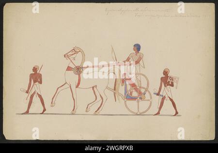 Dignitaires égyptiens fait une visite, Willem de Famars Testas, 1859 les dignitaires se tiennent debout sur une voiture tendue derrière un cheval et sont accompagnés de deux sujets. À un tableau sur la tombe d'Amenhotepsise à Thèbes. Face recto d'une feuille libre appartenant à un carnet de croquis avec 23 feuilles avec des croquis réalisés lors d'un voyage à travers l'Egypte. Papier Luxor. aquarelle (peinture). stylo crayon / règle de pinceau, souverain. Cheval Luxor Banque D'Images