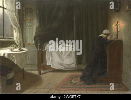 Prière pour le défunt, Diederik Franciscus Jamin, 1864 peignant la prière pour le défunt. Dans une chambre de mort, une jeune femme prie pour un crucifix entre deux bougies allumées. Au milieu, derrière les rideaux, le lit dans lequel le corps de la personne décédée est sous un drap. Il y a un crucifix sur le lit. Sur la gauche une table à une fenêtre. toile. chambre à coucher peinture à l'huile (peinture). lit de mort. une personne priant Banque D'Images