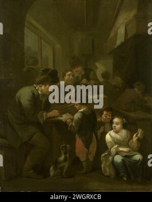 Le maître d'école, Bernardus van Schijndel, 1670 - 1709 peindre Un maître d'école dans sa classe vérifie l'écriture d'un élève. Écrire et lire enfants à gauche et à droite. panneau. professeur et élève de peinture à l'huile (peinture). école primaire ; classe, forme Banque D'Images