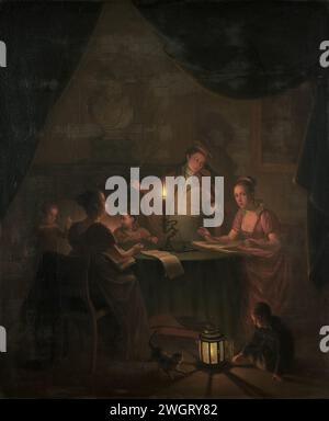 A musical Party par Candlelight, Michiel Versteegh, 1786 - 1820 peinture entreprise de musique à la lumière des chandelles. Intérieur avec un groupe de personnes qui font de la musique autour d'une table. Un garçon debout joue du violon, deux femmes chantent des livres de chansons. Sur le sol, une fille joue avec la lumière d'une lanterne avec un chat. Sur le mur à droite une peinture, au-dessus de la cheminée un buste portrait. panneau. peinture à l'huile (peinture) musique instrumentale et vocale ensemble. bougie Banque D'Images