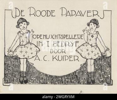 Deux filles dans un champ de coquelicots, c. 1910 - c. 1940 dessin deux filles vêtues de robes courtes sont dans un champ de coquelicots. Chacun a une fleur dans une main et tient l'autre main vers le haut. Verso un dessin au crayon du visage d'une fille. papier. Encre de Inde (encre). crayon. stylo de peinture de pont / pinceau fille (enfant entre le tout-petit et le jeune). fleurs : coquelicot. bras levé vers le haut Banque D'Images