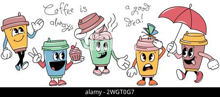 Ensemble de personnages groovy vintage, tasse de café marche et café texte est toujours une bonne idée Illustration de Vecteur