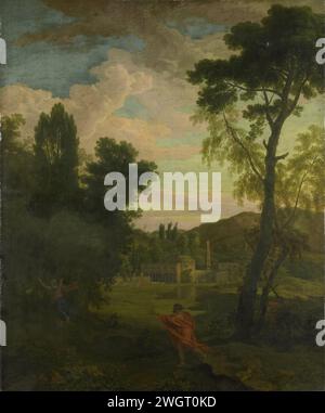 Paysage arcadien avec Jupiter et Io, Johannes Glauber, 1680 - 1726 peinture paysage arcadien avec Jupiter et Io. En arrière-plan un temple et un obélisque près d'une rivière. Sur la droite un seul arbre haut. toile. Peinture à l'huile (peinture) Io changée en vache : pour éviter la détection par Junon, Jupiter change Io en vache (Ovide, Metamorphoses I 611). Pastorales, scènes arcadiennes Banque D'Images